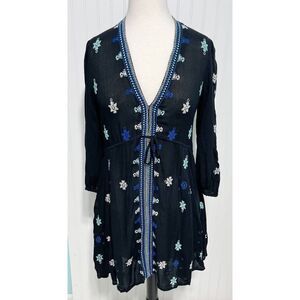 Free People Stargazer‎ Mini Dress Embroidered V-Neck Tie Waist Black Blue Small